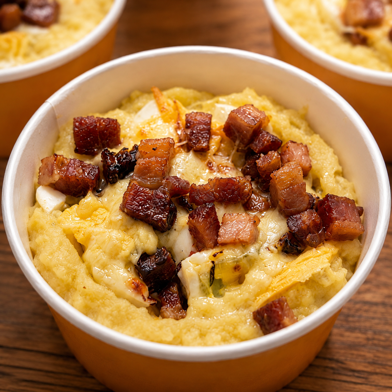 Batata recheada cremosa com cubos de bacon e queijo derretido
